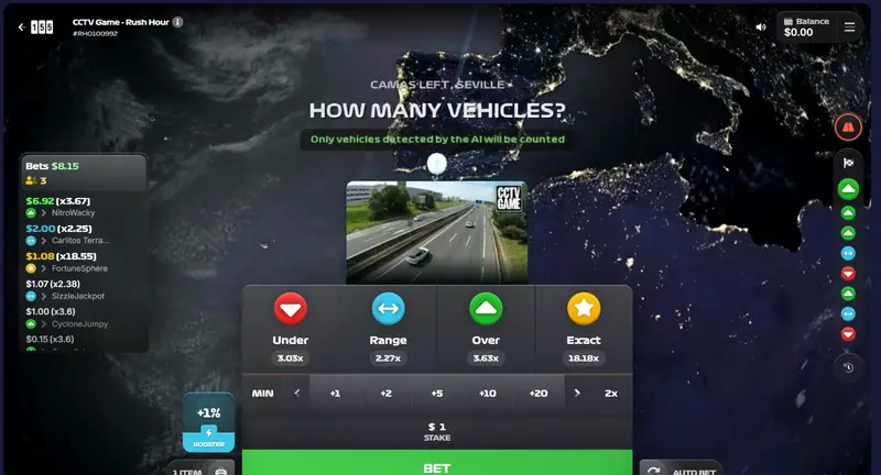 CCTV Rush Hour gameplay, Seville intersection with Under/Range/Over/Exact bet options and live bet feed