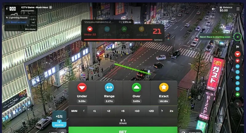 CCTV Rush Hour gameplay, Shinjuku Kabukicho Tokyo with Lightning Round active, 21 vehicles detected