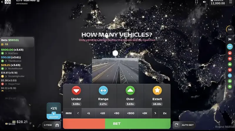CCTV Rush Hour main game screen, satellite night view, betting tiers, vehicle count prediction interface