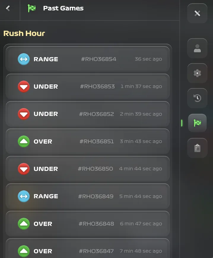 CCTV Rush Hour past games history panel showing bet results and round IDs for verification