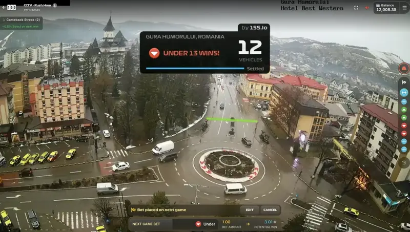 CCTV Rush Hour live camera feed with vehicle detection overlay and betting interface