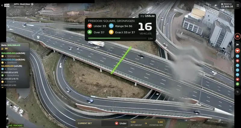 Rush Hour CCTV night mode gameplay with vehicle tracking and bet history