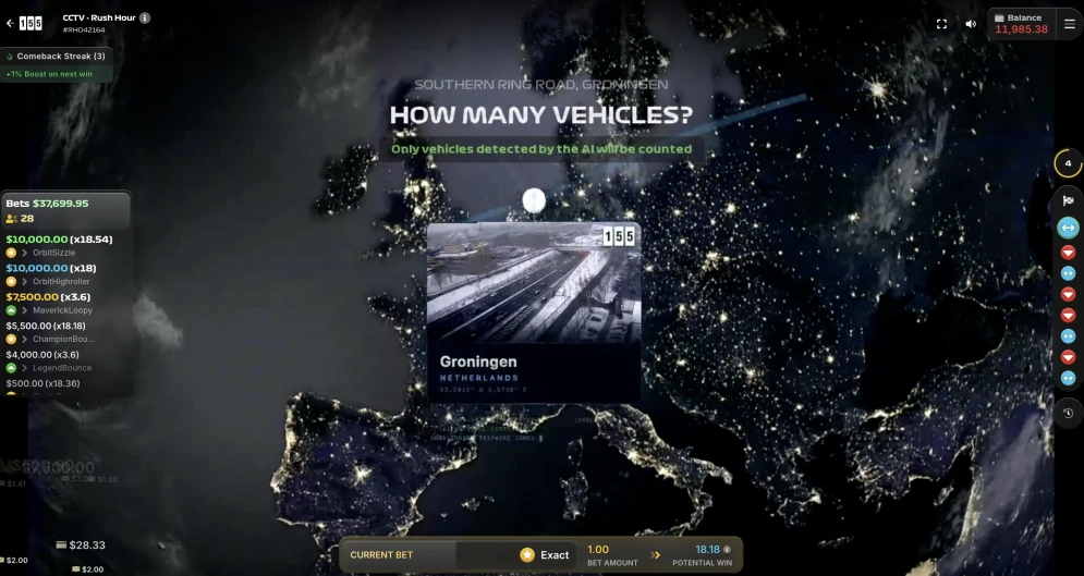Rush Hour CCTV multi-camera view with betting panel and player statistics
